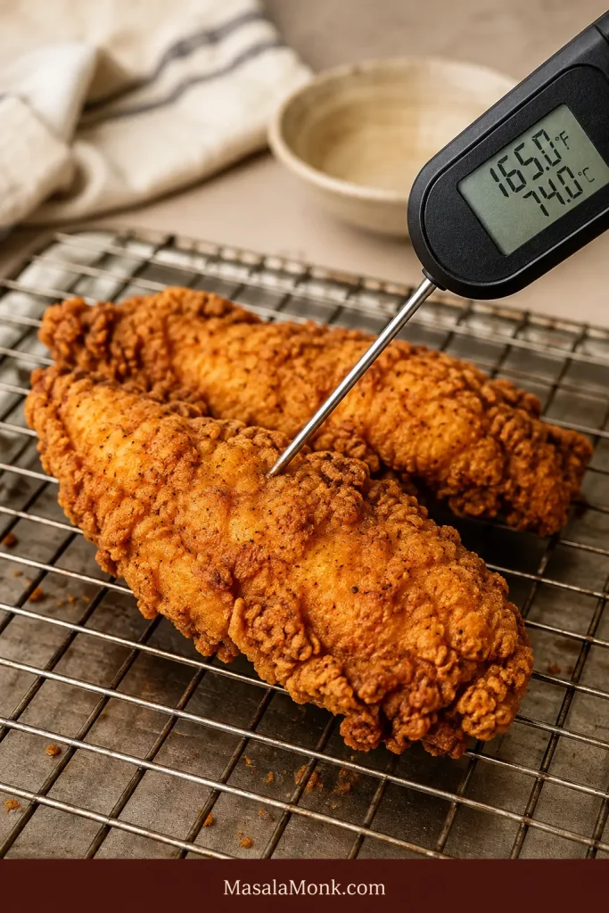 Deep-golden fried chicken tenders on a wire rack with a thermometer showing 165°F and 74°C.