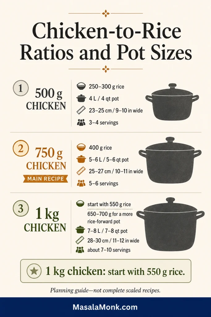 Batch-planning chart matching chicken quantities with rice weights, pot capacity and width; one kilogram of chicken starts with 550 grams of rice.