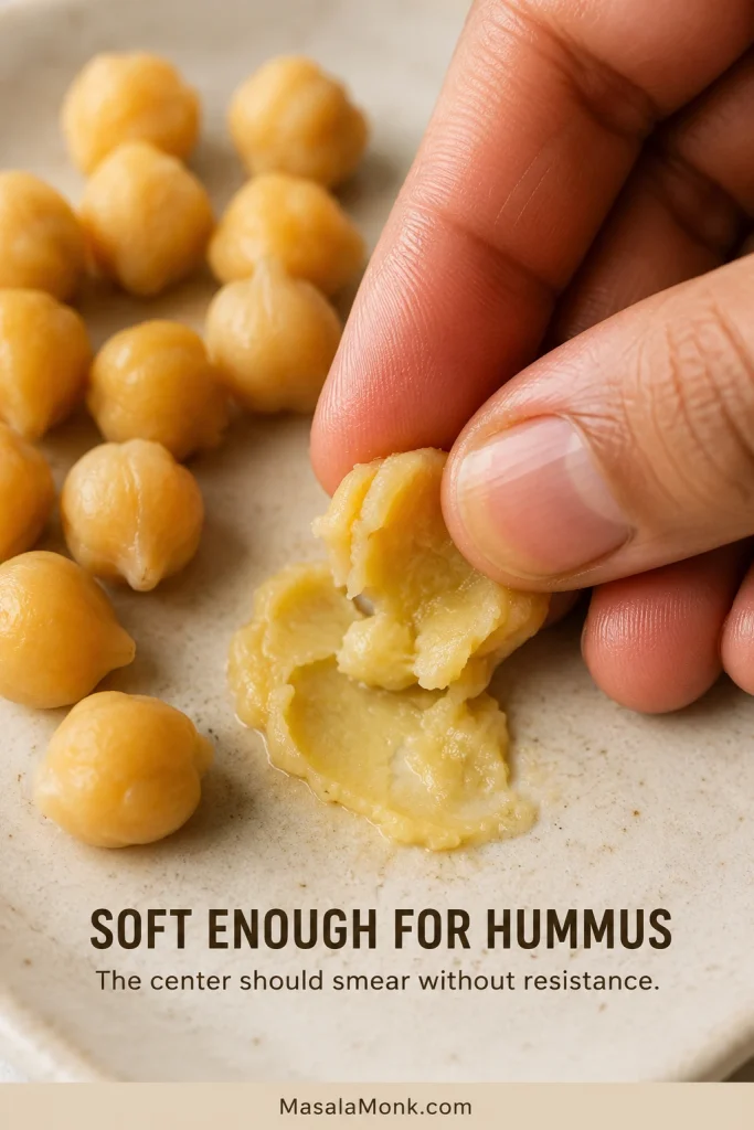 Very soft cooked chickpea pressed between fingers until its center smears into a smooth paste.