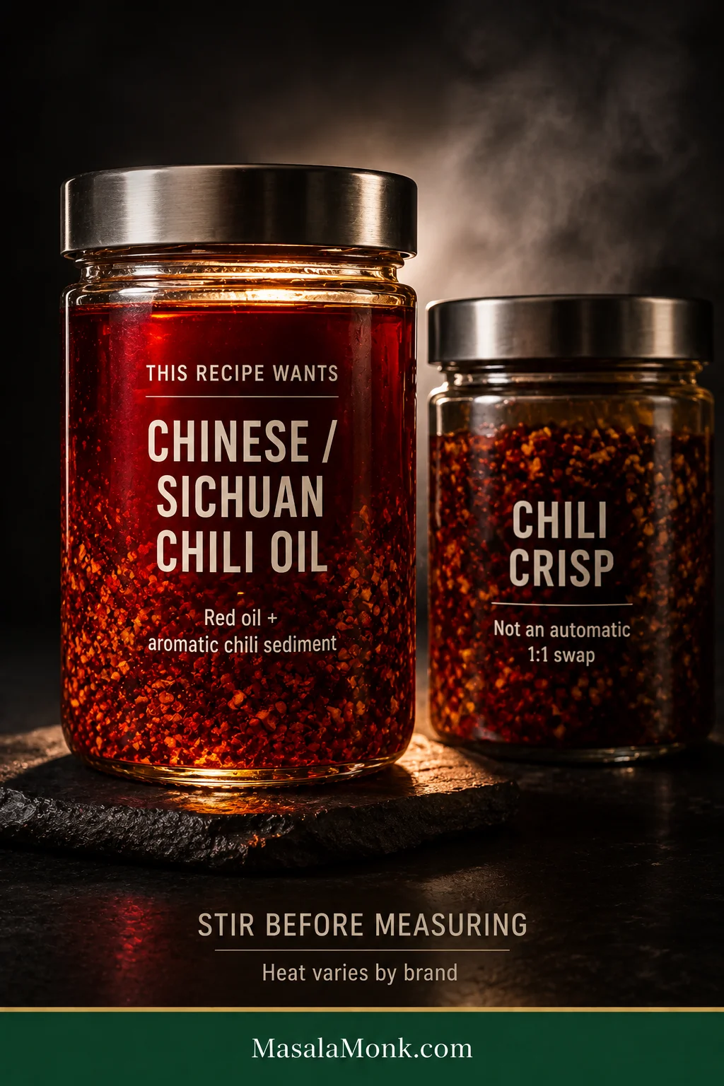 Chinese Sichuan chili oil with mostly red oil and chili sediment beside a solids-heavy jar of chili crisp, showing why they are not automatic substitutes.