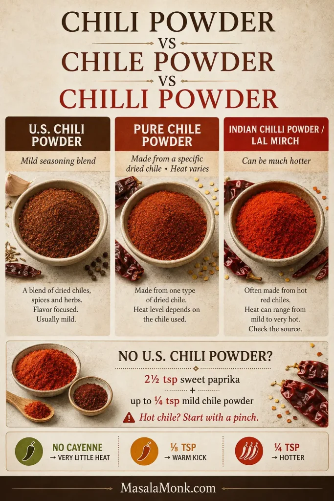 Guide comparing U.S.-style chili powder, pure chile powder, and Indian chilli powder or lal mirch, emphasizing differences in composition and heat.