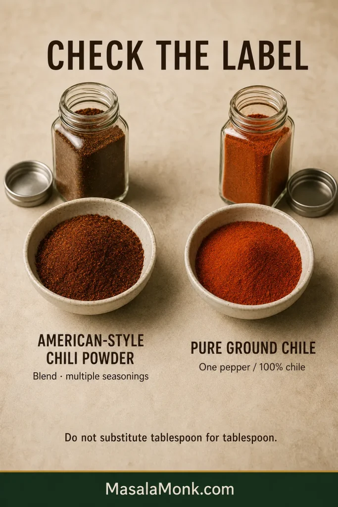 American-style chili powder shown as a seasoning blend beside pure ground chile made from one pepper, with a warning against equal tablespoon substitution.