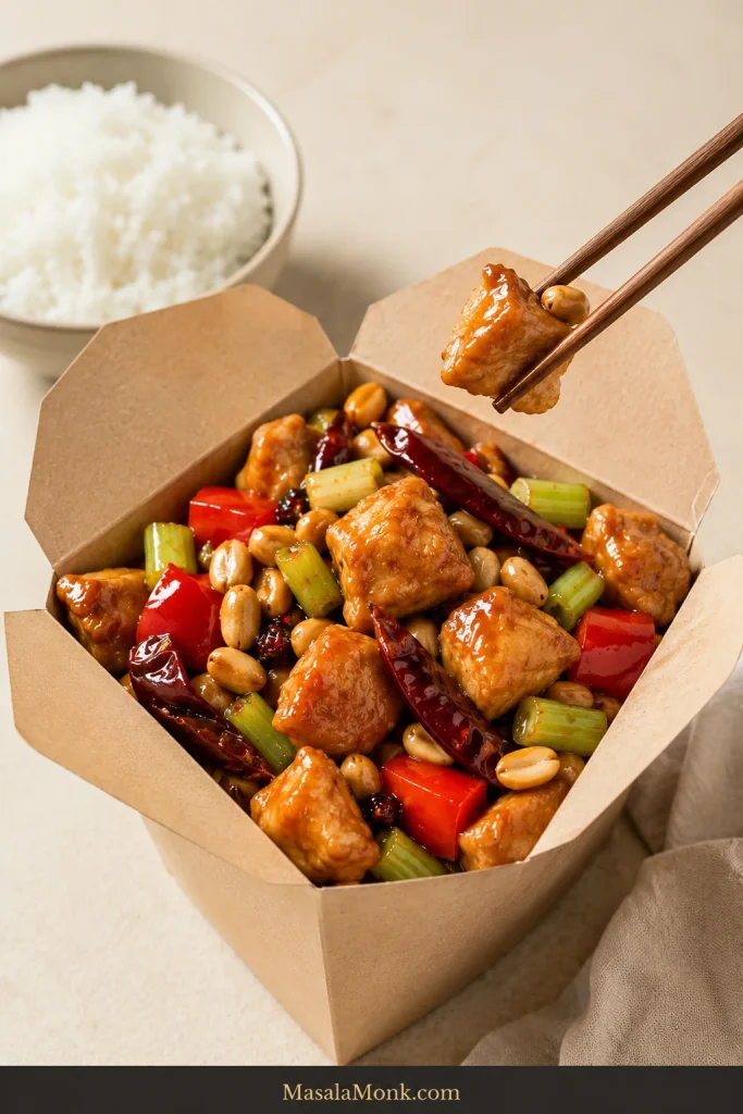 Takeout-style Kung Pao chicken with red pepper, celery and peanuts served in a plain paper takeout carton beside rice.