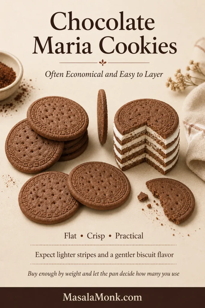 Chocolate Maria-style round biscuits with a cut cream stack showing lighter brown cookie layers.