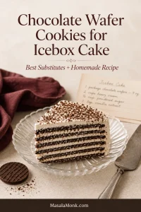 Slice of chocolate wafer icebox cake with alternating dark cookie and cream layers on a glass plate beside a wafer and cake server.
