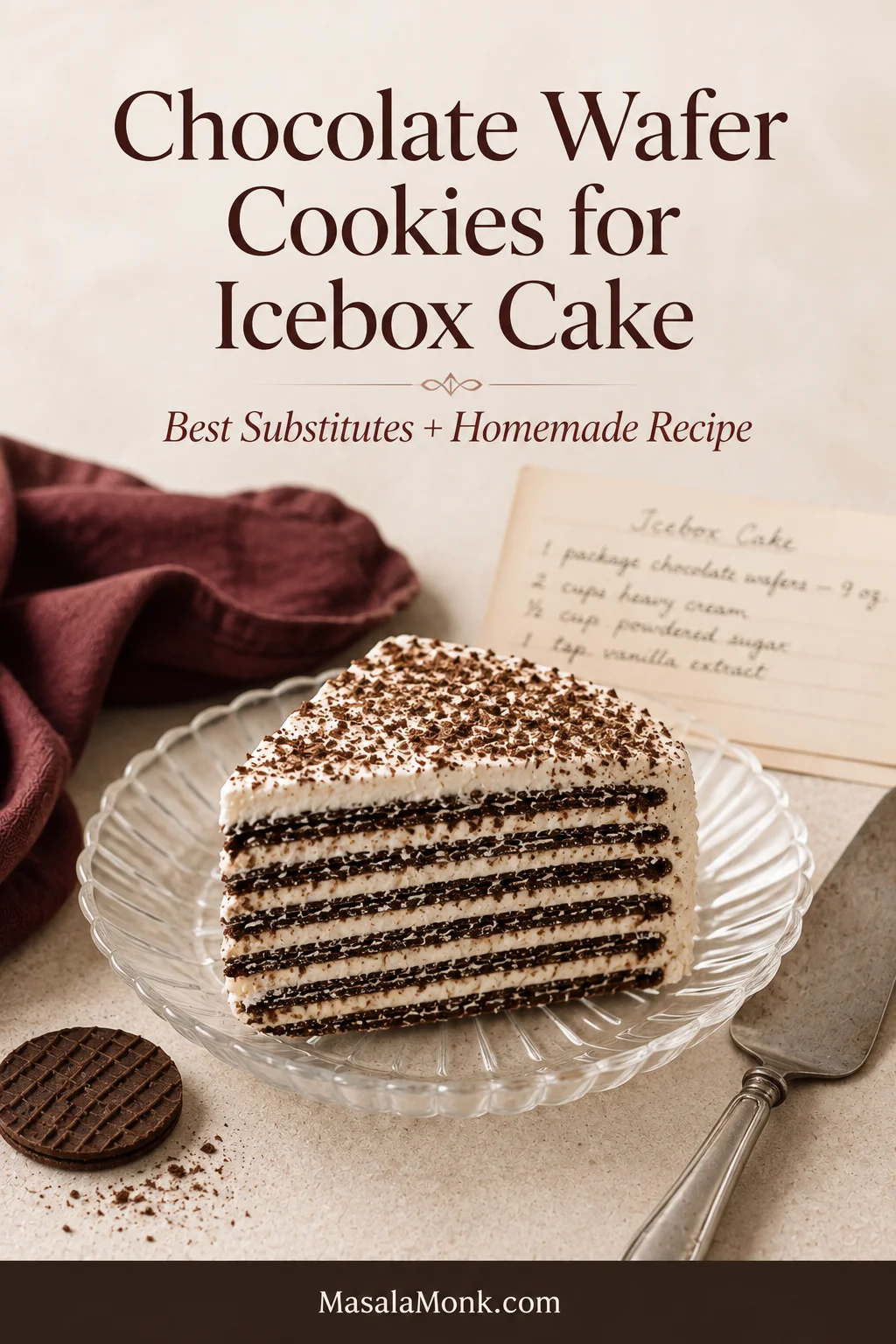 Slice of chocolate wafer icebox cake with alternating dark cookie and cream layers on a glass plate beside a wafer and cake server.