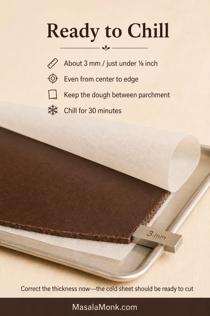 Dark chocolate wafer dough rolled on parchment to about 3 millimeters, with the upper parchment peeled back and a thickness guide at the edge.