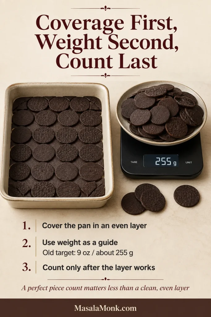 Rectangular pan covered with round chocolate wafers beside a bowl of wafers on a digital scale reading 255 grams.