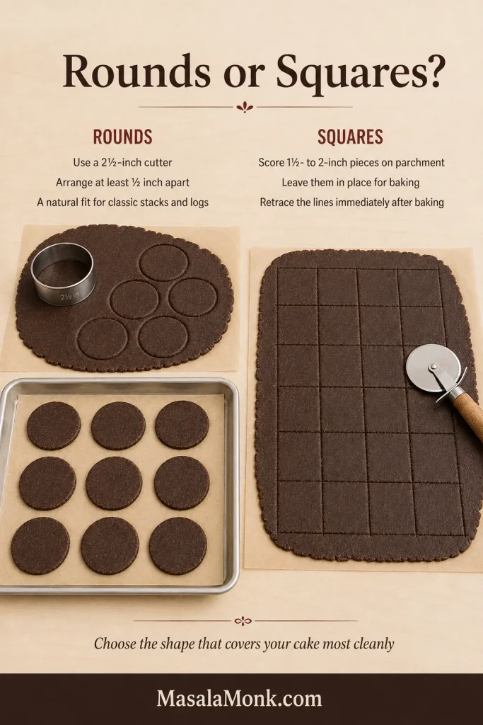Chocolate wafer dough cut into rounds on one tray and scored into an intact grid of squares beside a pizza wheel.