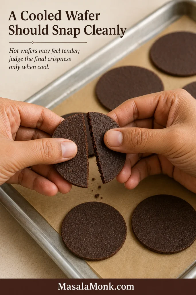 Two hands snapping a cooled round chocolate wafer over a parchment-lined baking tray holding more wafers.