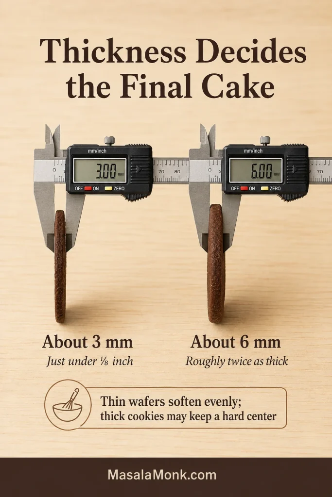 Digital calipers comparing a 3-millimeter chocolate wafer with a thicker 6-millimeter cookie.