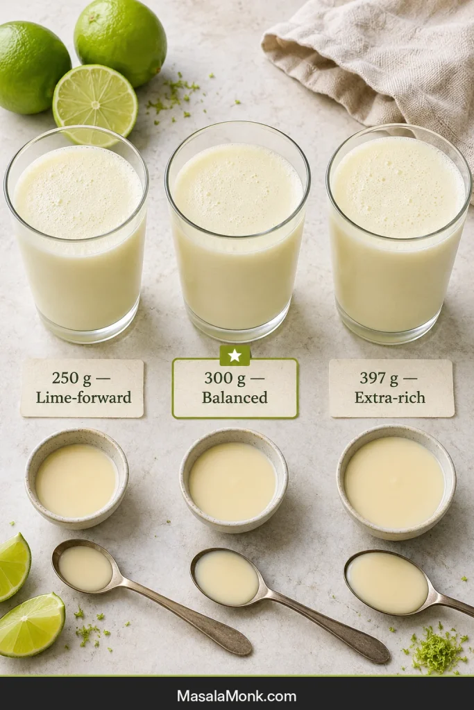 Three glasses of Brazilian lemonade labeled 250 grams lime-forward, 300 grams balanced and 397 grams extra-rich.
