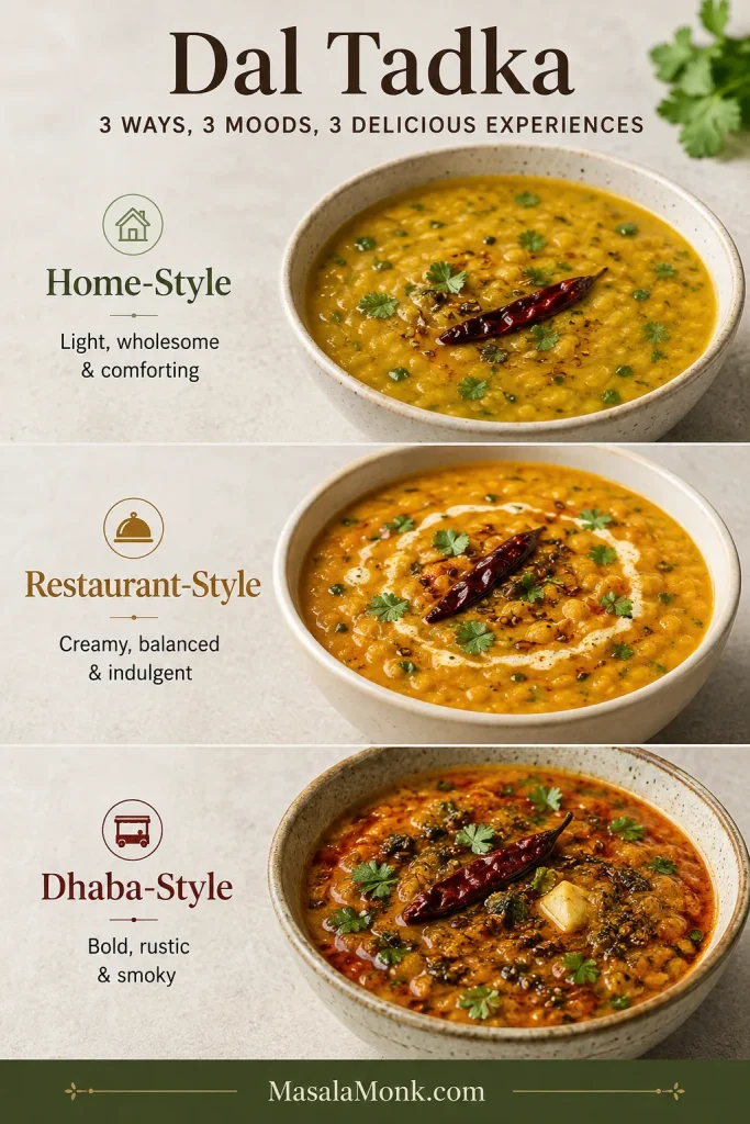 Three bowls comparing lighter home-style, creamy restaurant-style and thicker dhaba-style Dal Tadka.