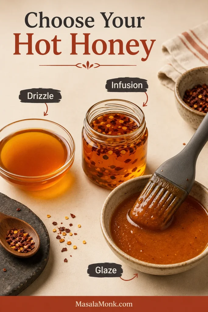 Three hot honey styles side by side: smooth translucent drizzle, dried-chilli-infused honey with flakes, and a thicker buttery glaze.