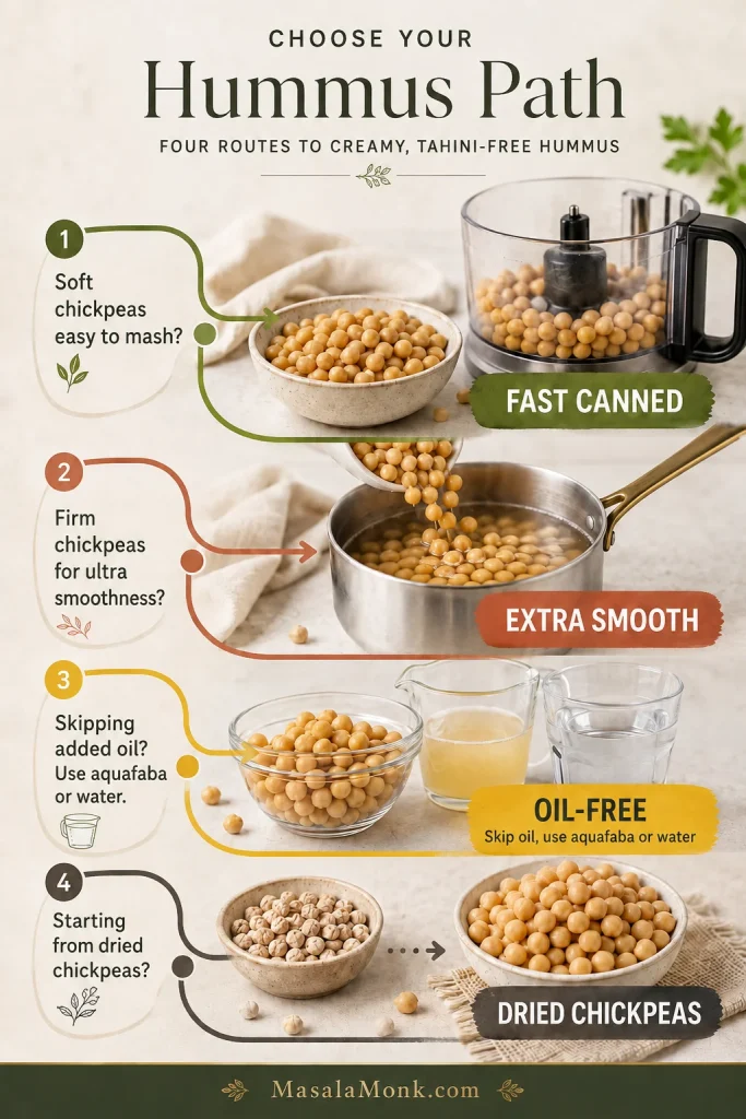 Decision guide showing fast canned, extra-smooth, oil-free and dried-chickpea methods for hummus.