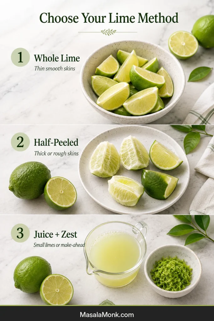 Three-part guide comparing whole-lime, half-peeled, and juice-and-zest preparation methods for Brazilian lemonade.