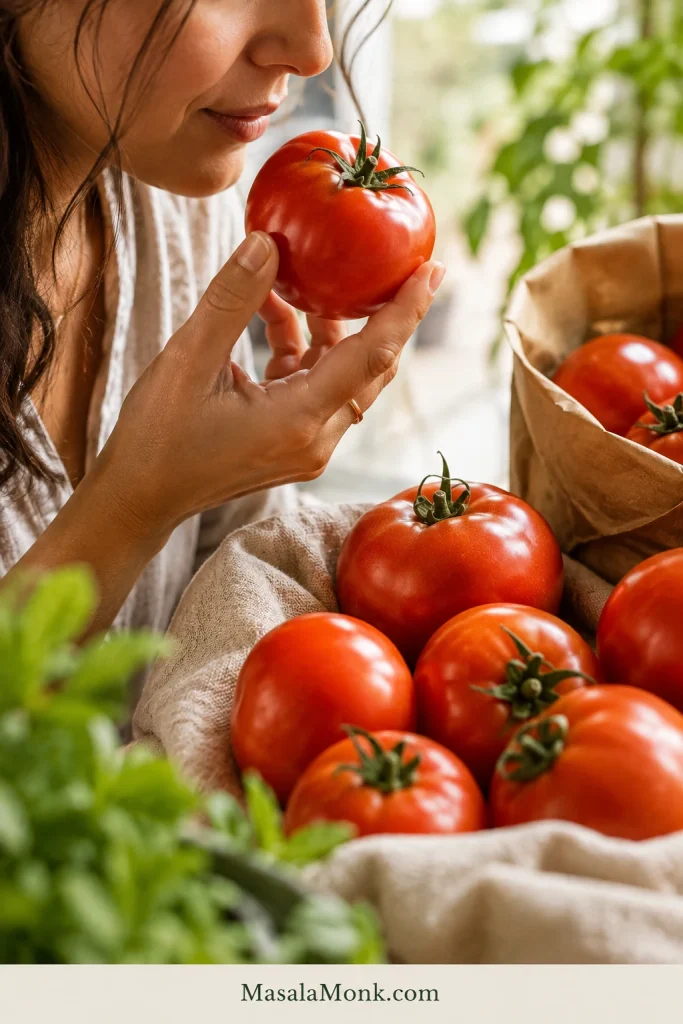 A hand holds a ripe red tomato near the nose while several firm red tomatoes rest nearby on linen and in a paper produce bag.