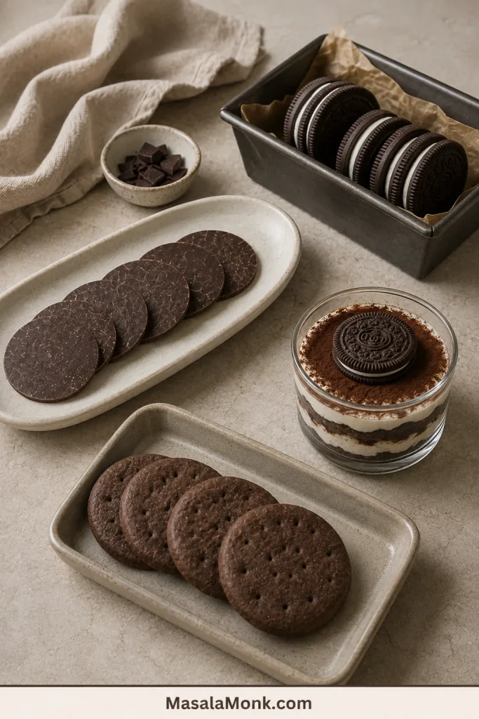 Assortment of thin chocolate wafers, sandwich cookies and wide biscuits arranged beside different icebox-cake pans and platters.
