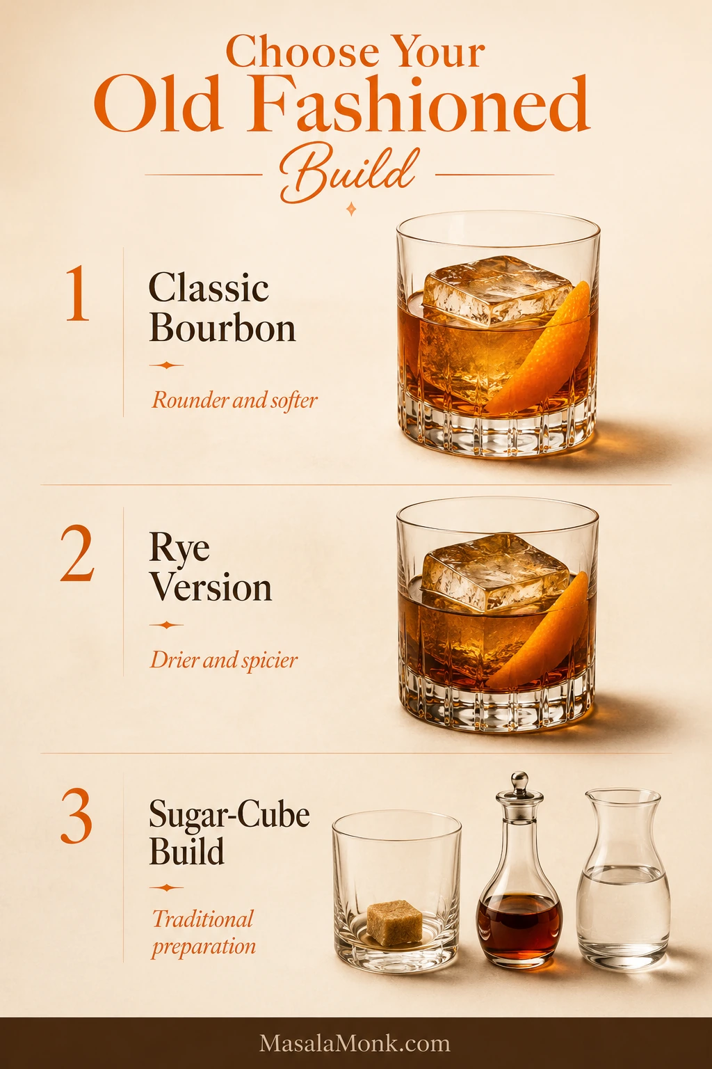 Guide comparing three Old Fashioned builds: classic bourbon, rye whiskey, and a traditional sugar-cube preparation.