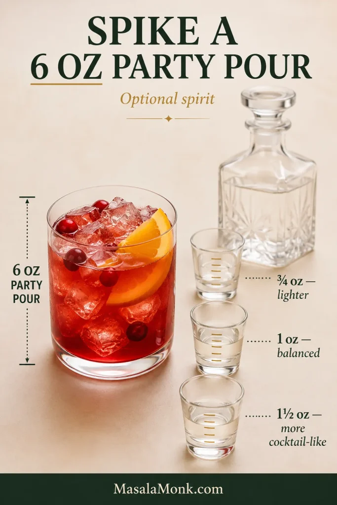 Six-ounce Christmas punch serving with optional spirit amounts of three-quarter ounce for lighter, 1 ounce for balanced and 1.5 ounces for more cocktail-like strength.