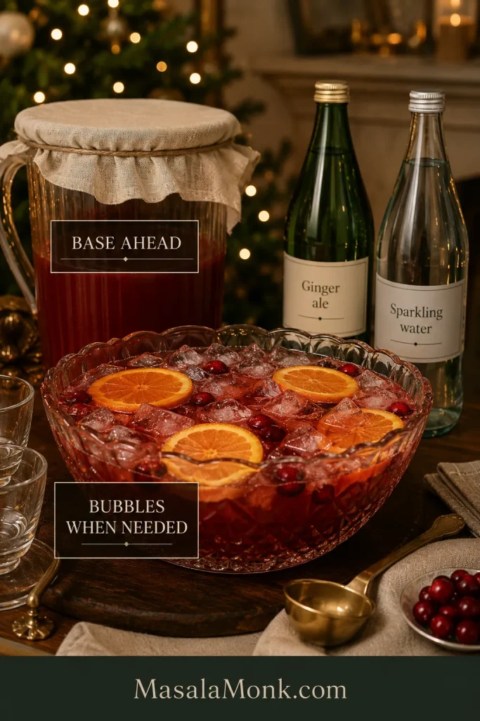Finished Christmas punch bowl beside a covered container of still punch base and separate bottles of ginger ale and sparkling water for later batches.