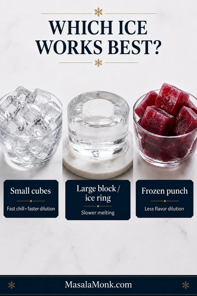 Ice comparison showing small clear cubes, a large clear ice ring and frozen red punch cubes, with their relative effects on chilling and dilution.