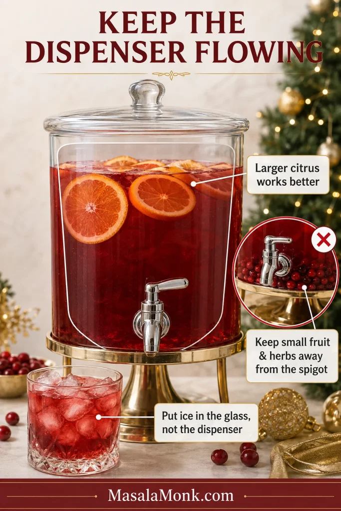 Christmas punch beverage dispenser with large orange slices floating above the spigot, a warning about small fruit blocking the outlet, and ice placed in the serving glass.