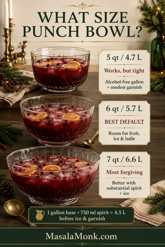 Punch bowl size comparison showing 5-quart, 6-quart and 7-quart bowls, with 6 quarts marked as the best default for a one-gallon Christmas punch batch.