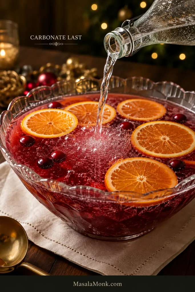 Clear sparkling mixer being poured into ruby-red Christmas punch, creating fine bubbles at the surface.