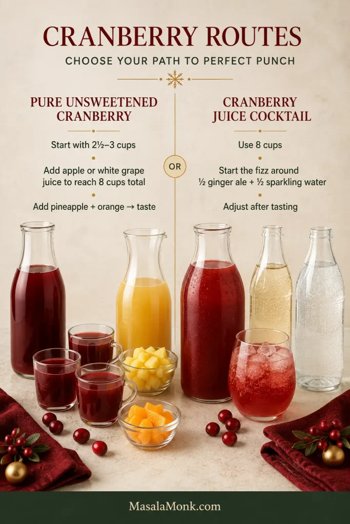 Two cranberry punch adjustment routes: pure unsweetened cranberry starts with 2.5 to 3 cups and is diluted with apple or white grape juice to 8 cups; cranberry cocktail uses 8 cups with about half ginger ale and half sparkling water for the fizz.