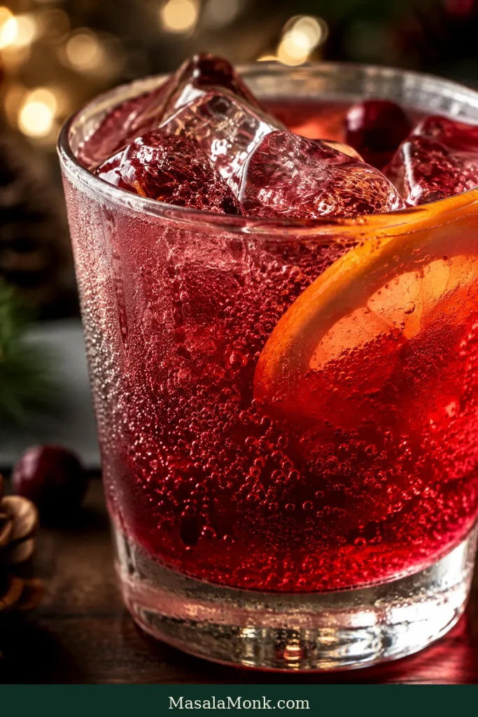 Close-up of a glass of sparkling cranberry Christmas punch with clear ice, condensation, bubbles, an orange slice and cranberries.