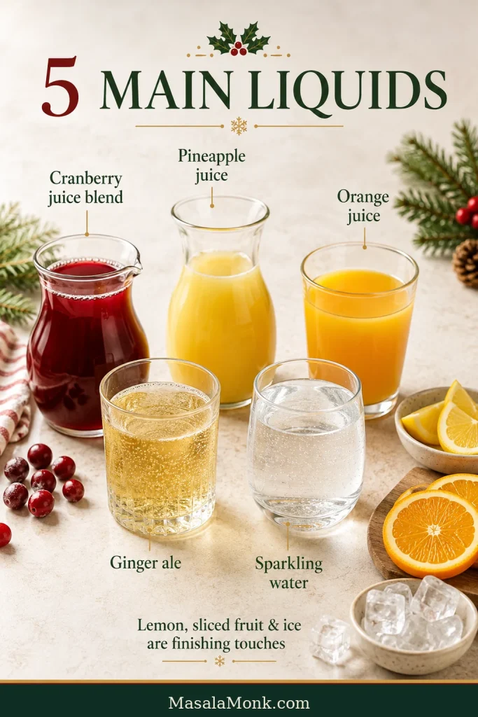 Five ingredients for Christmas punch arranged on a light counter: cranberry juice blend, pineapple juice, orange juice, ginger ale and sparkling water, with lemon, fruit and ice nearby.