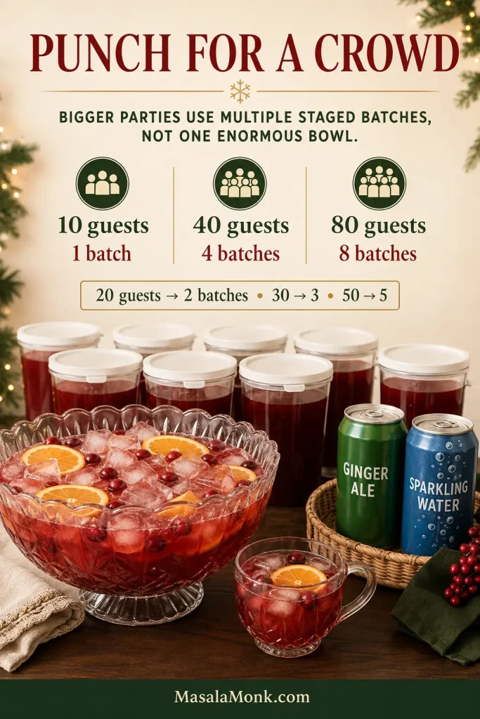Christmas punch crowd guide showing 1 batch for 10 guests, 2 for 20, 3 for 30, 4 for 40, 5 for 50 and 8 for 80.