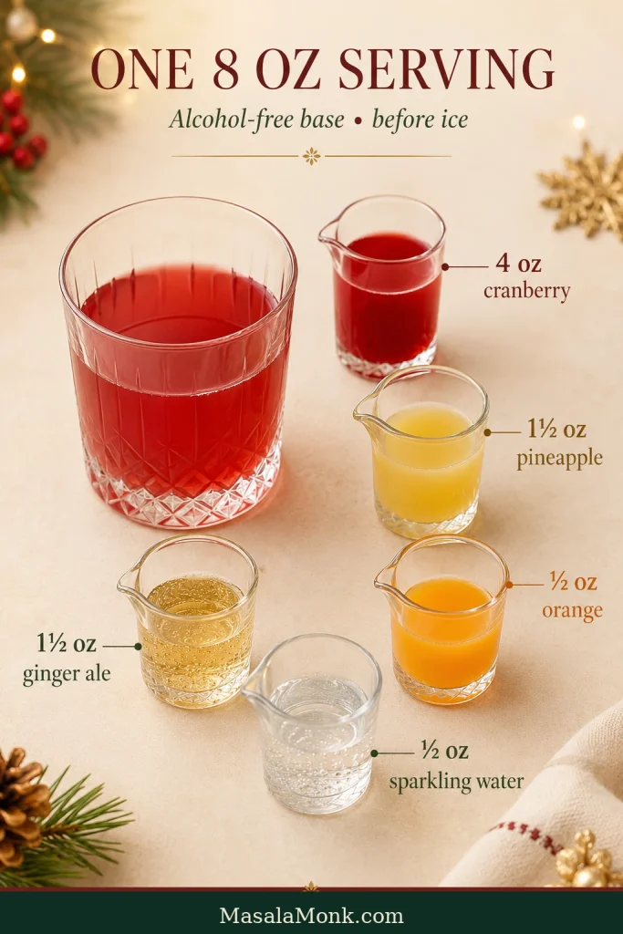 Single-serving Christmas punch guide with 4 ounces cranberry juice, 1.5 ounces pineapple, 0.5 ounce orange, 1.5 ounces ginger ale and 0.5 ounce sparkling water.