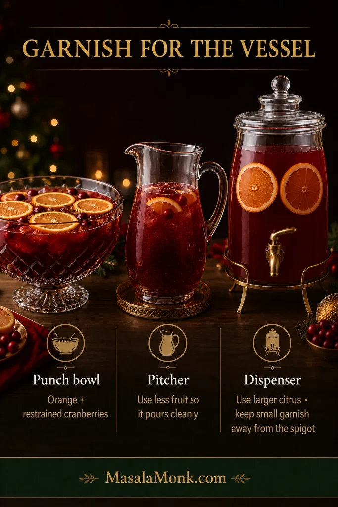 Comparison of Christmas punch garnish in a bowl, pitcher and beverage dispenser, showing less fruit in the pitcher and only large citrus in the dispenser.
