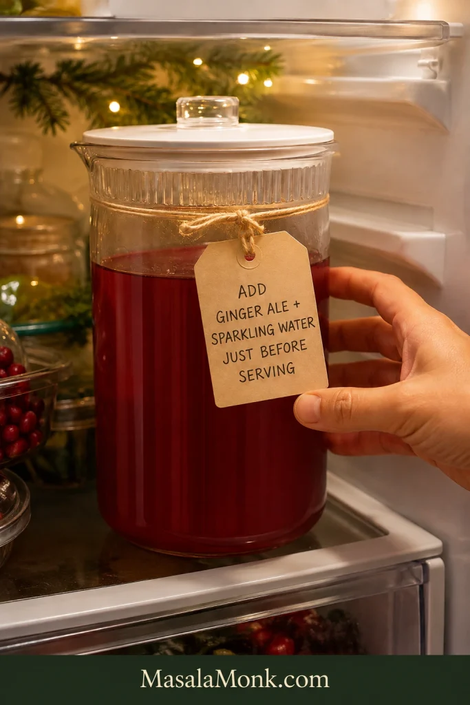 Covered container of still cranberry punch base in a refrigerator with a note reading, “Add ginger ale + sparkling water just before serving.”