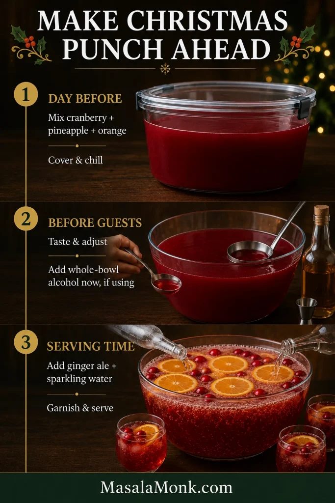 Three-stage Christmas punch make-ahead timeline showing still juice base prepared the day before, tasting and optional alcohol before guests, and carbonation plus garnish at serving time.