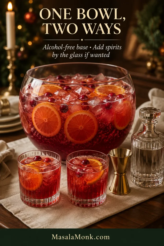 Alcohol-free Christmas punch bowl with two serving glasses, one served plain and one beside a jigger and clear spirit for optional individual spiking.