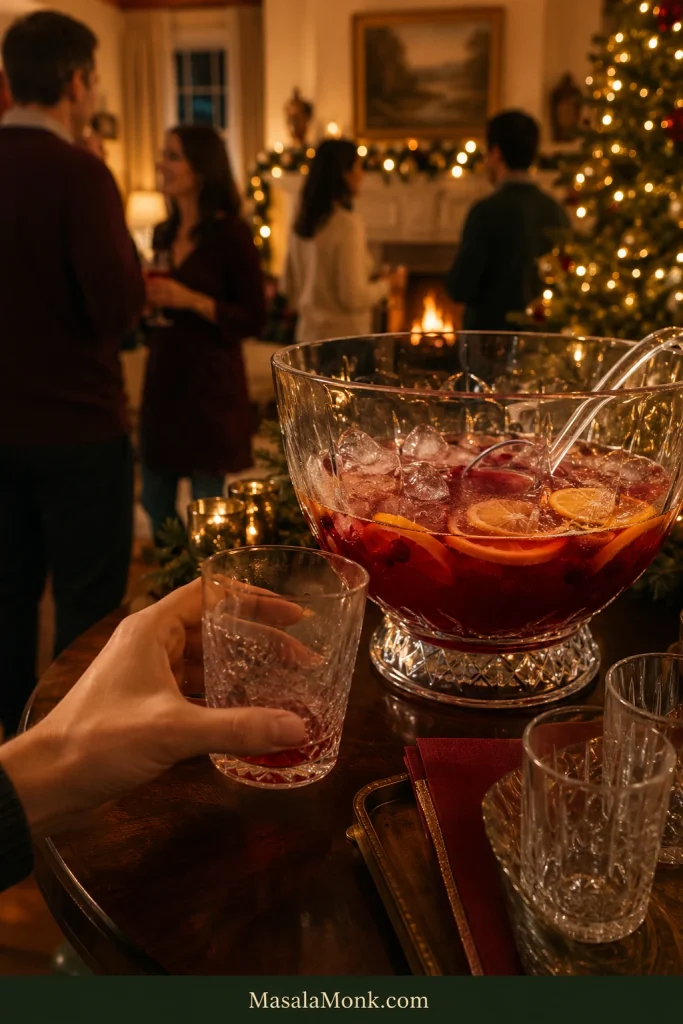 Nearly empty punch glass being returned beside a partially used Christmas punch bowl while guests talk near a lit Christmas tree and fireplace.