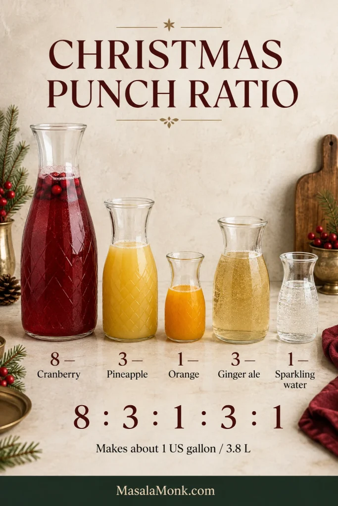 Christmas punch ratio graphic showing 8 parts cranberry, 3 pineapple, 1 orange, 3 ginger ale and 1 sparkling water, making about 1 gallon or 3.8 liters.