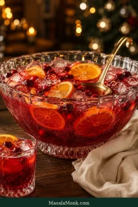 Large clear punch bowl filled with sparkling ruby-red Christmas punch, clear ice, orange slices and cranberries on a warmly lit holiday table.