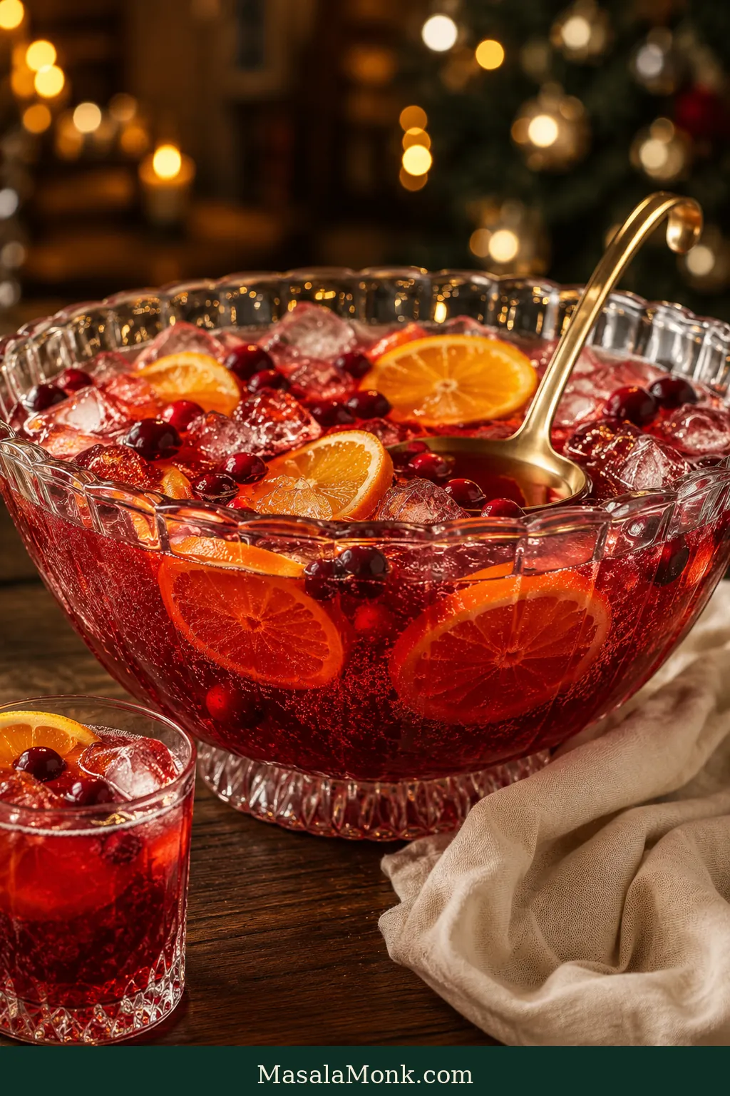 Large clear punch bowl filled with sparkling ruby-red Christmas punch, clear ice, orange slices and cranberries on a warmly lit holiday table.