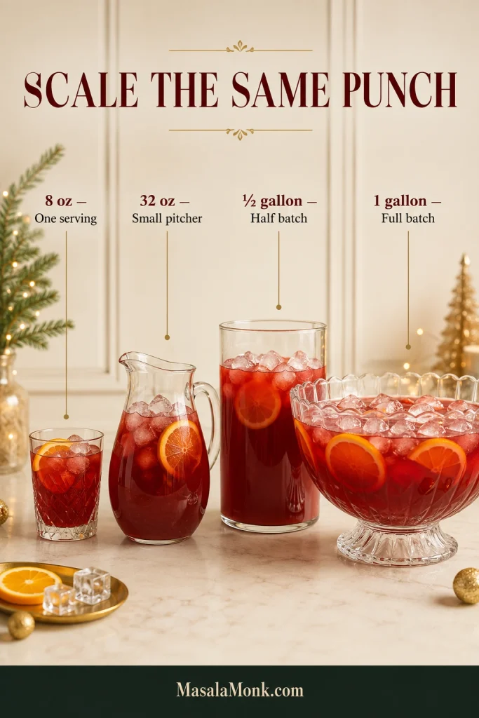 Scaling guide showing the same Christmas punch as an 8-ounce serving, 32-ounce pitcher, half-gallon batch and full one-gallon batch.