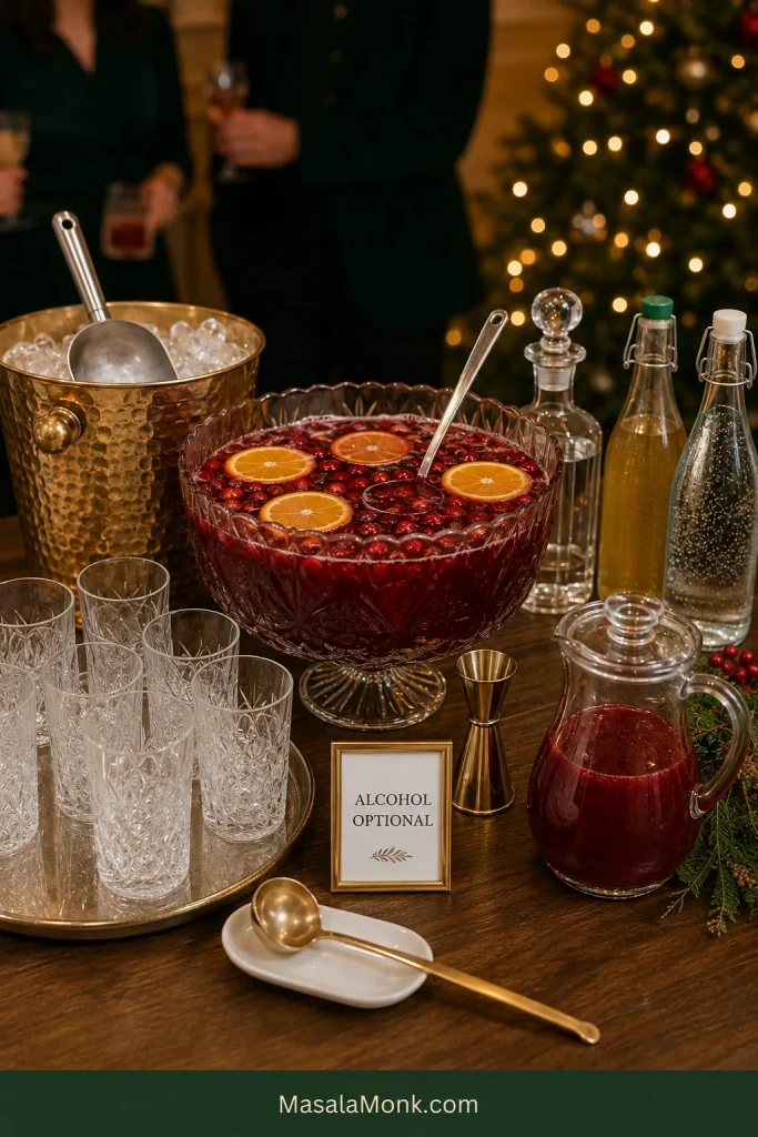 Self-serve Christmas punch station with punch bowl, glasses, separate ice bucket, ladle, jigger, optional spirit, reserve punch base and sparkling mixers, with guests in the background.