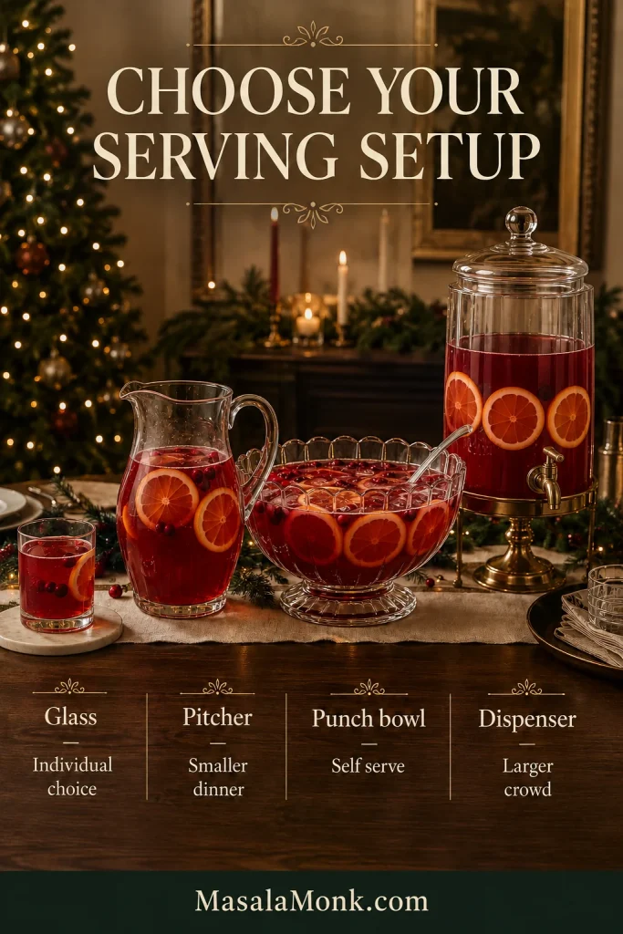 Four Christmas punch serving options shown together: individual glass, pitcher, punch bowl and beverage dispenser.