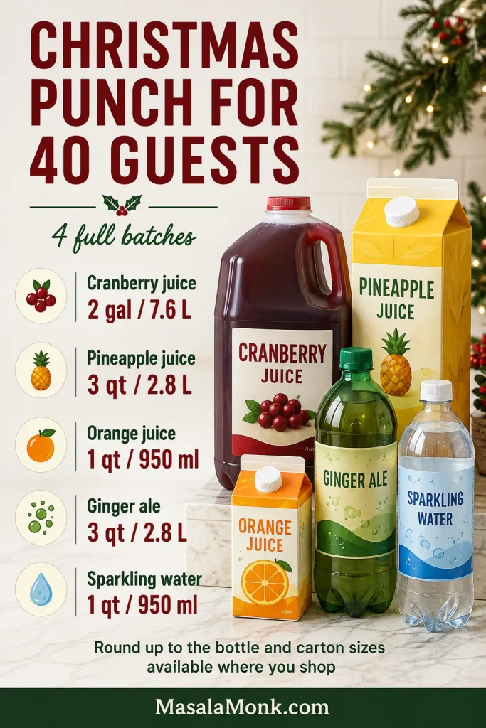 Christmas punch shopping quantities for 40 guests: 2 gallons cranberry juice, 3 quarts pineapple juice, 1 quart orange juice, 3 quarts ginger ale and 1 quart sparkling water.
