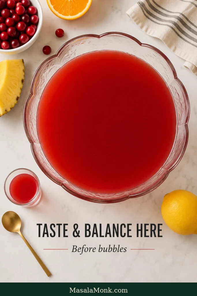 Overhead view of still cranberry, pineapple and orange juice base in a punch bowl before ice, garnish or carbonated mixers are added.