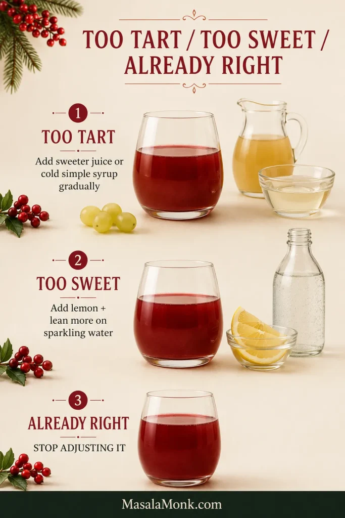 Christmas punch tasting guide showing fixes for punch that is too tart, too sweet or already balanced.