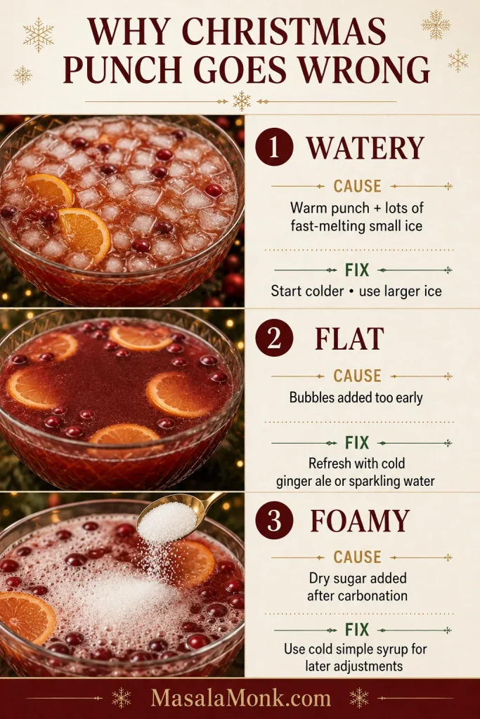 Troubleshooting guide showing watery Christmas punch from fast-melting small ice, flat punch from early carbonation and foamy punch caused by adding dry sugar after carbonation.