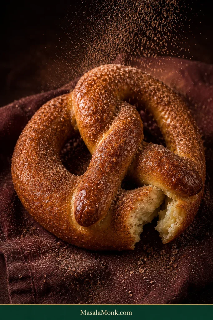 Deep golden soft pretzel coated with a fine cinnamon-sugar layer as additional cinnamon sugar falls over the surface.
